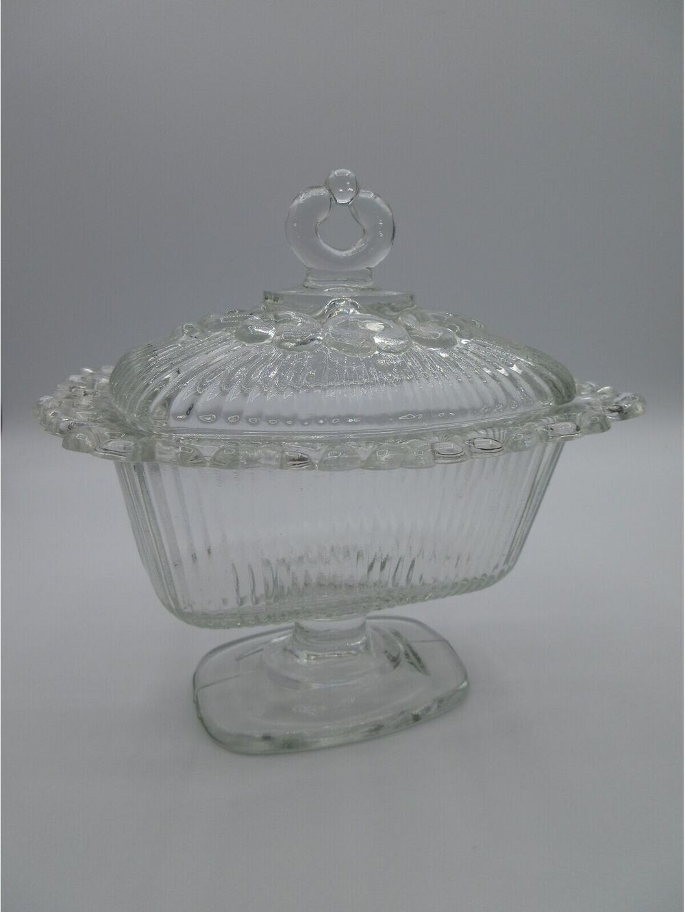 58. Vintage Clear Pressed Glass Covered Pedestal Candy Dish Lace Edge